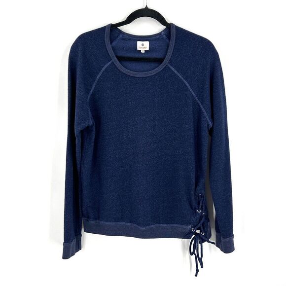 SUNDRY Navy Blue Side Lace Up Tie Crew Neck Sweatshirt Sweater Size Medium - Picture 1 of 6